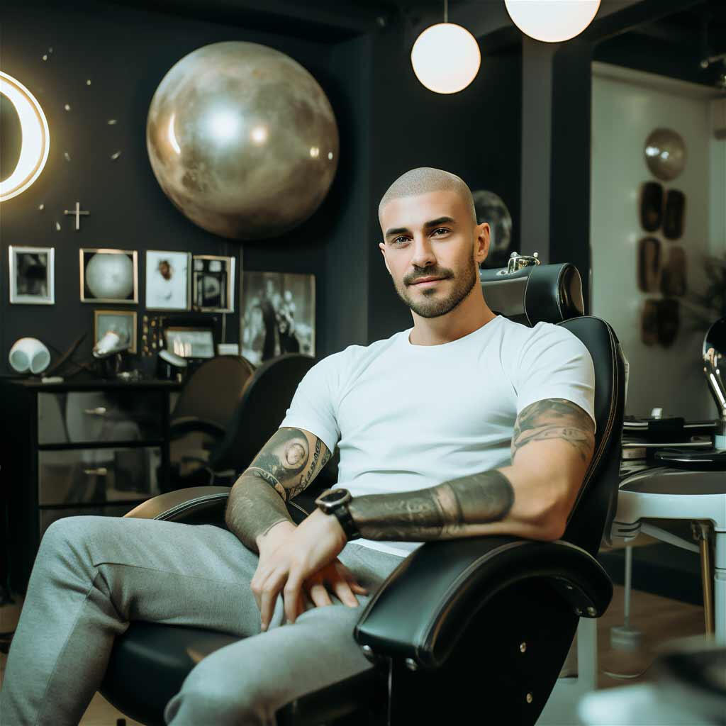 Scalp micropigmentation clinic owner in his SMP clinic sitted in a chair