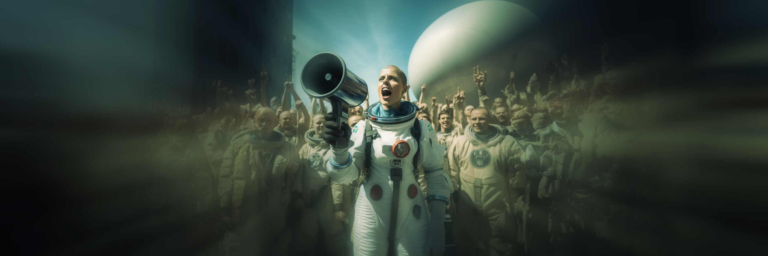 Woman in astronaut shout with a megaphone shouting